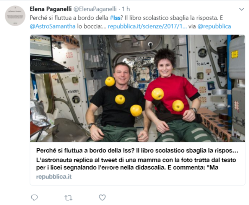 Samantha Cristoforetti ha annunciato che segnalerà il libro di testo al Miur
