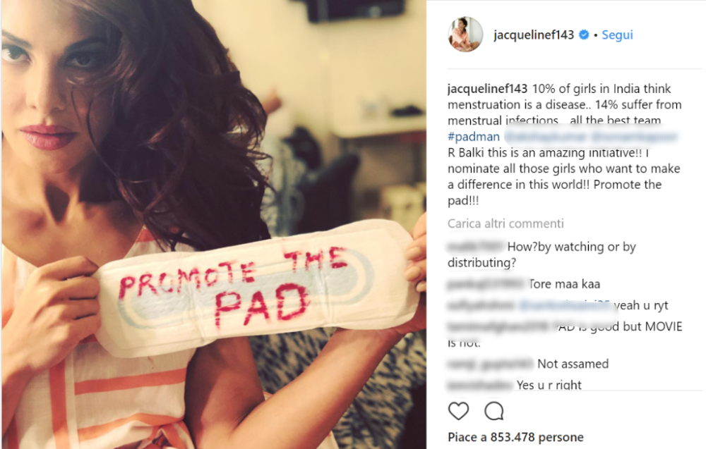 L’attrice di Bollywood Jacqueline Fernandez in un post su Instagram ha ricordato che in India avere le mestruazioni costituisce un vero problema