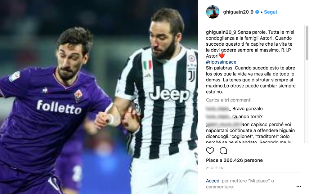 Higuain dedica una frase all'amico
