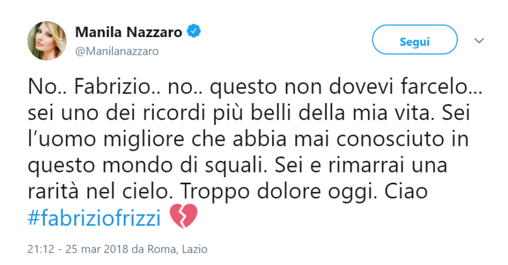 Anche la conduttrice Manila Nazzaro scrive un accorato post su Twitter