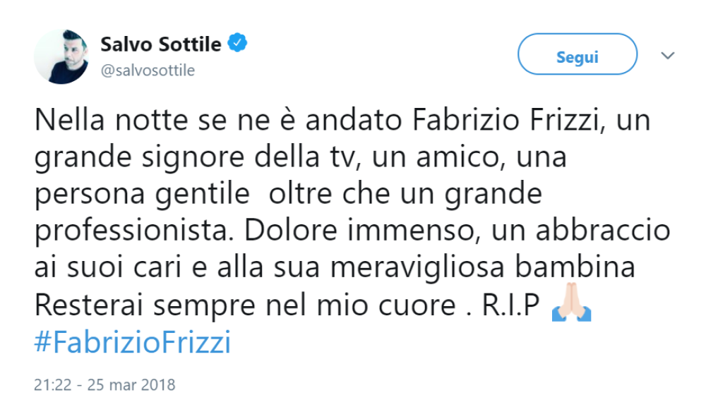 Salvo Sottile scrive che Fabrizio resterà sempre nei nostri cuori