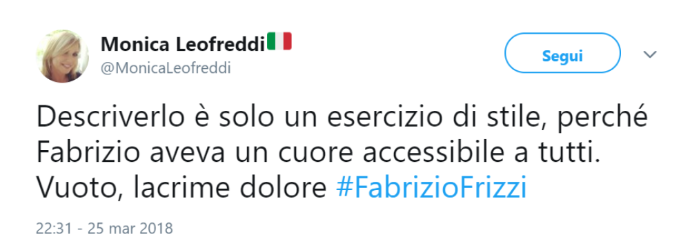 Monica Leoffredi scrive su Twitter che è impossibile descrivere Frizzi