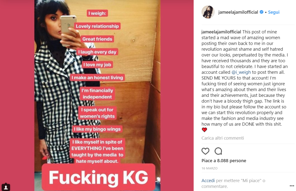 Jameela Jamil, attrice di “The Good Place”, ha voluto creare l’hashtag #lweigh 