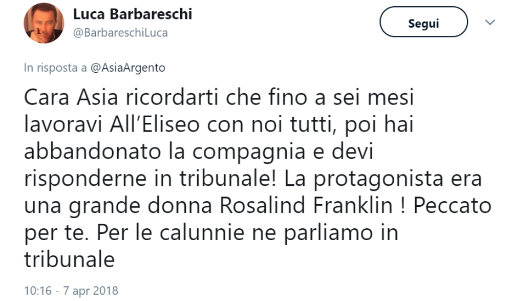 L’attore ha quindi accusato la figlia di Dario Argento di averlo calunniato