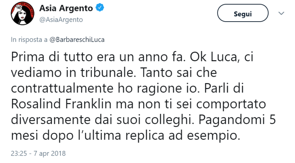 Asia non si lascia intimorire dalle parole di Barbareschi
