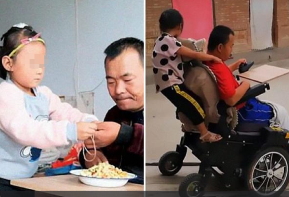 Ogni mattina la piccola Jia Jia si sveglia alle 6 e inizia a prendersi cura del papà. 