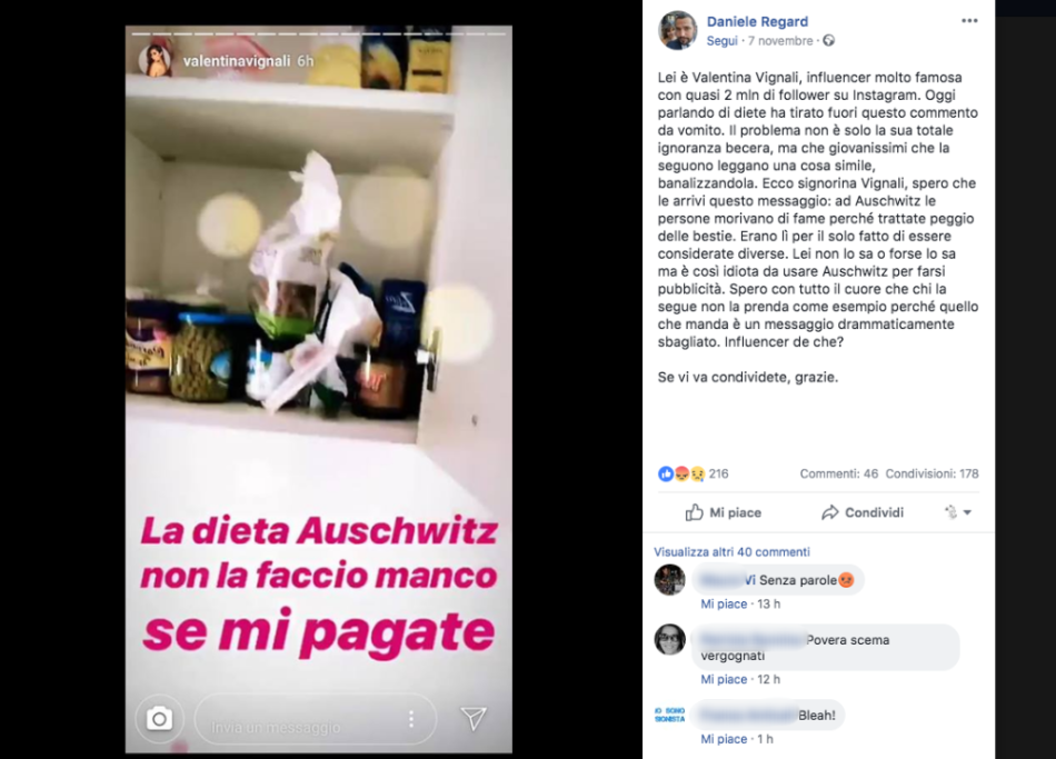 La foto è poi stata rimossa dalla modella ma non è sfuggita a Daniele Regard, membro della comunità ebraica di Roma che ha condiviso uno screen 