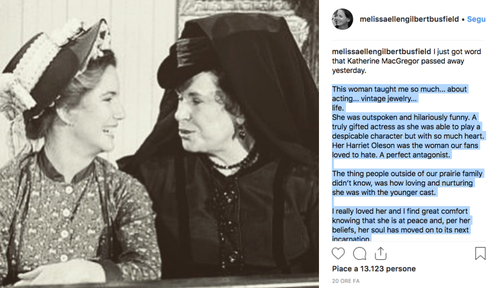 Il tributo dell'attrice che interpretava la piccola Laura nella serie La casa nella prateria.