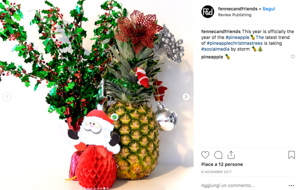 Il ciuffo dell'ananas si presta benissimo ad accogliere decorazioni e palline colorate