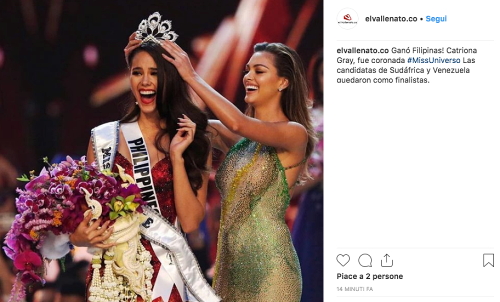Catriona ha battuto le colleghe Miss Sud Africa e Miss Venezuela