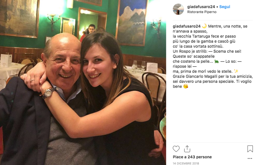 Questa foto che ritrae Giancarlo Magalli insieme a Giada Fusaro è stata pubblicata su Instagram dalla stessa ragazza a dicembre. La coppia si trovava 