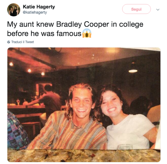 “Mia zia conosceva Bradley Cooper al college, prima che diventasse famoso”, scrive una ragazza su Twitter, pubblicando un’inedita foto dell’attore e 