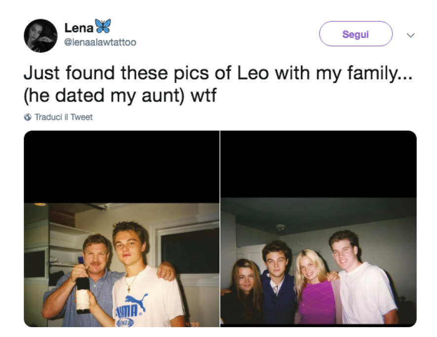 “Ho appena trovato questa foto di Leonardo Di Caprio con la mia famiglia. Usciva con mia zia”, scrive una ragazza su Twitter. Ecco un giovanissimo Leo