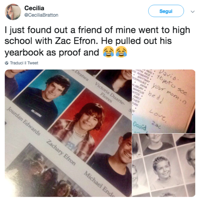 “Ho appena scoperto che un mio amico andava nella stessa scuola di Zac Efron, come dimostra la foto di questo annuario”, ha twittato questa ragazza.
