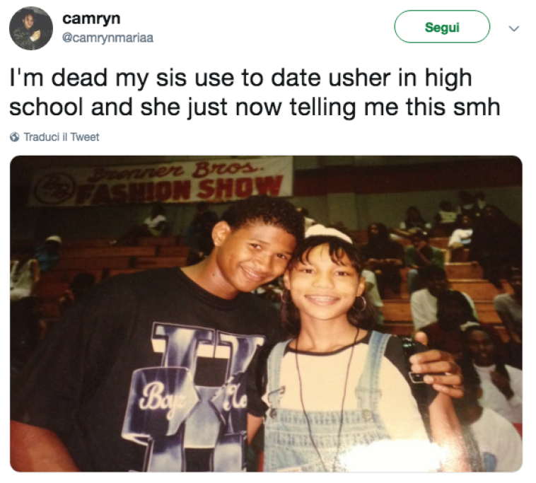 Ecco invece il rapper e attore americano Usher ai tempi della scuola: “Mia sorella – ha scritto l’utente che ha pubblicato la foto su Twitter – usciva