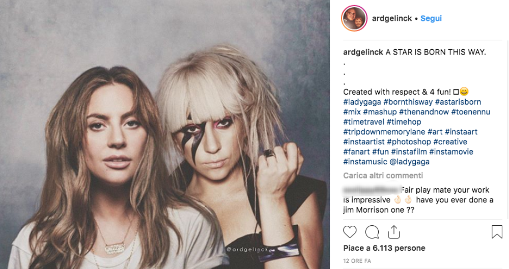 “Ecco come è nata una star”, ha scritto l’artista come didascalia a questa foto che ritrae Lady Gaga. Gelinck fa riferimento a “A Star is Born”, 