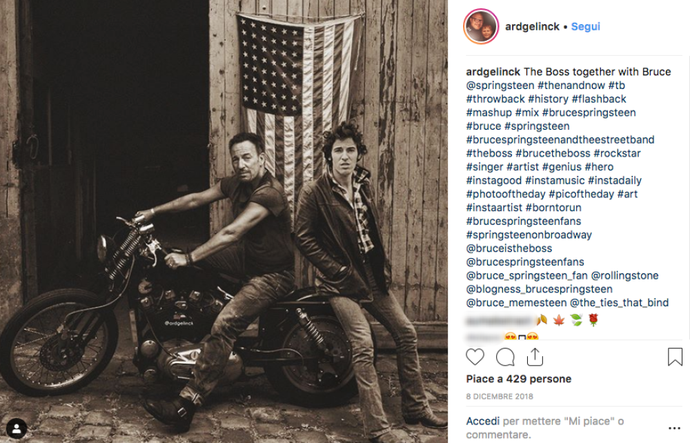 Ecco, invece, The Boss sulla sua moto con seduto dietro un giovane Bruce Springsteen agli esordi della sua lunga carriera. Sembrano quasi padre e 