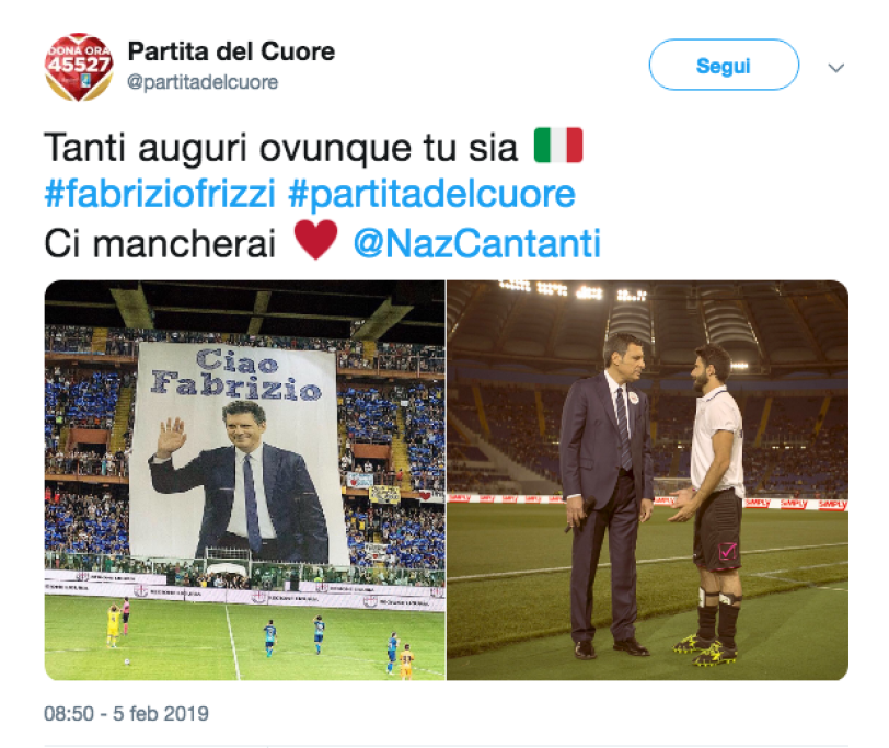 "Tanti auguri, ovunque tu sia", questo il messaggio pubblicato su Twitter dagli organizzatori della Partita del cuore, evento benefico al quale Frizzi