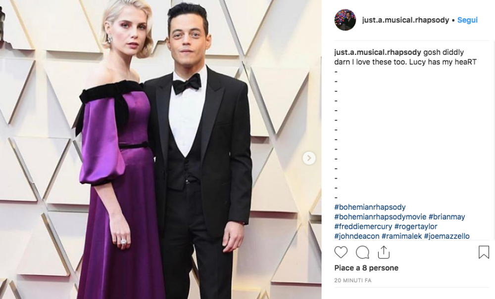 La coppia del momento, Rami Malek e Lucy Boynton, è elegantissima