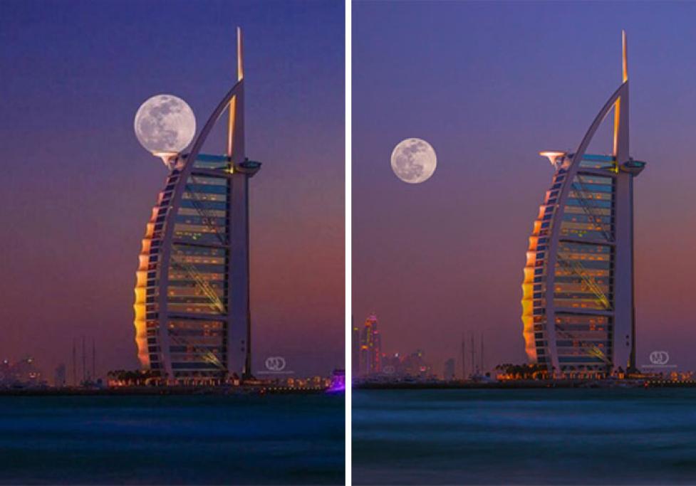 Le foto con la luna sono molto amate. In questa immagine viene sorretta da un grattacielo