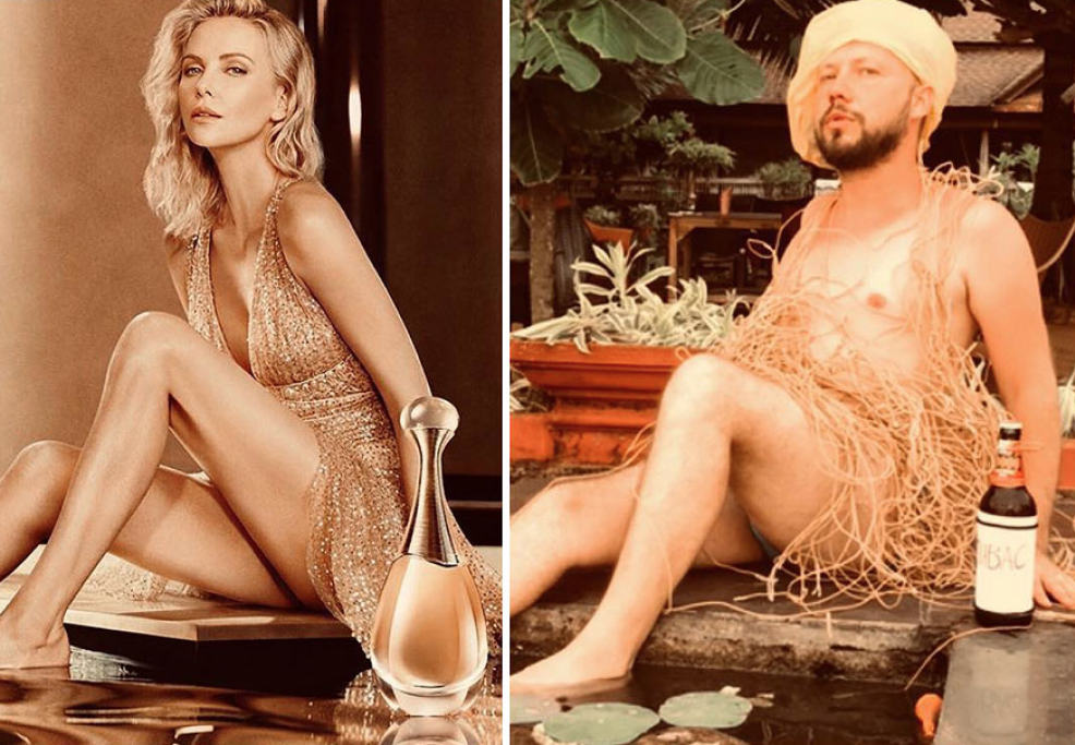 Infine, in quest’ultimo esilarante scatto il blogger russo si è calato nei panni di Charlize Theron, la nota attrice che in questa immagine è