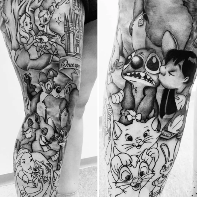 Ecco invece il tattoo che raccoglie insieme i più amati personaggi della Disney, da Alice nel Paese delle Meraviglie fino al Re Leone, ci sono proprio