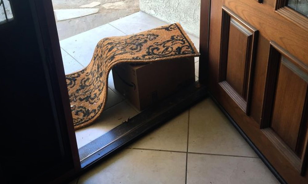 Questo fattorino ha messo il tappetino sopra il pacco
