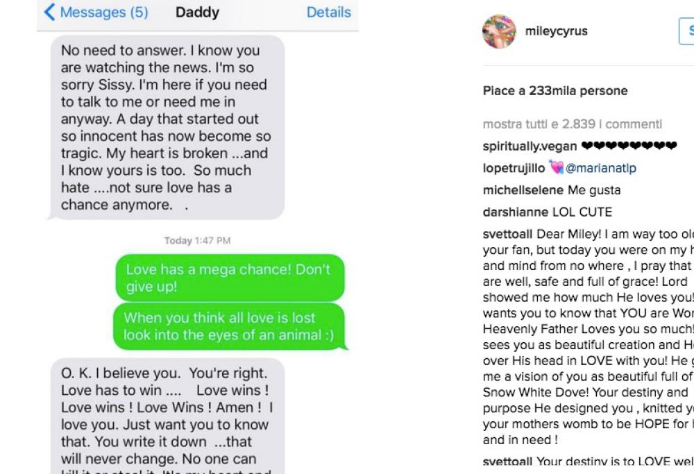 Miley Cyrus: il toccante scambio di Sms con papà dopo la strage di Orlando