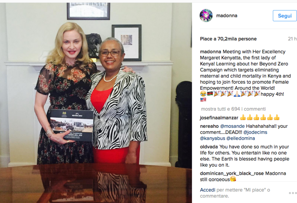 Madonna incontra la first lady del Kenya, Margaret Kenyatta