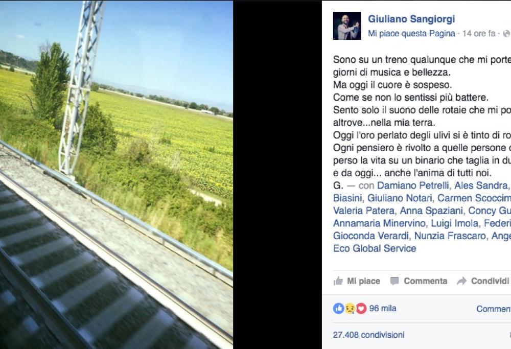Tragedia in Puglia, il dolore di Giuliano Sangiorgi: "Il mio cuore è sospeso"