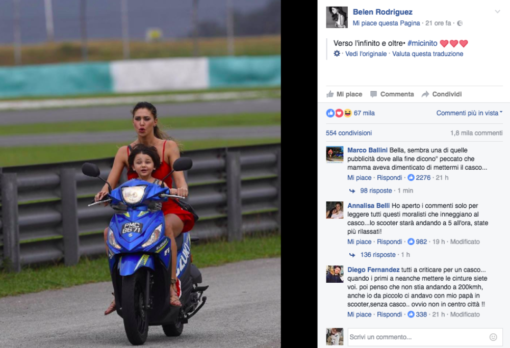 Belen in moto con il figlio senza casco. Polemica sui social