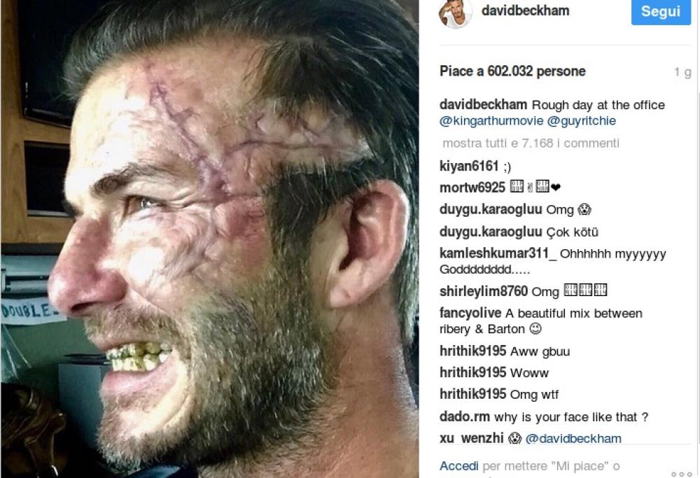 David Beckham pieno di cicatrici, denti rotti e barba incolta: ma è per un film