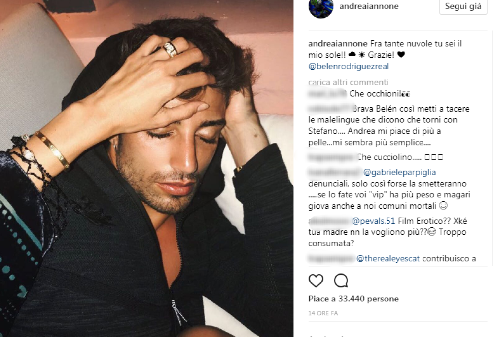 "Fra tante nuvole tu sei il mio sole", la dedica di Iannone a Belén che scongiura la crisi