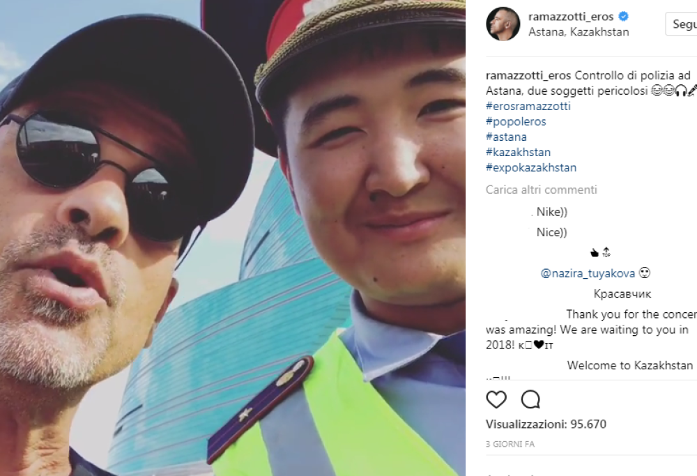 Eros Ramazzotti, duetto con poliziotto in Kazakistan