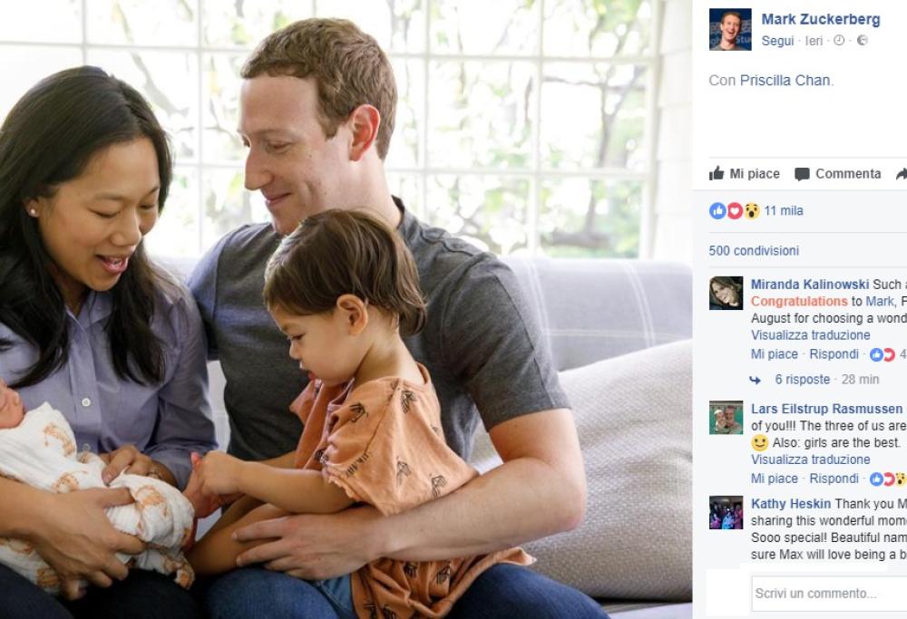 Mark Zuckerberg è di nuovo papà: "Cara August, benvenuta al mondo!"