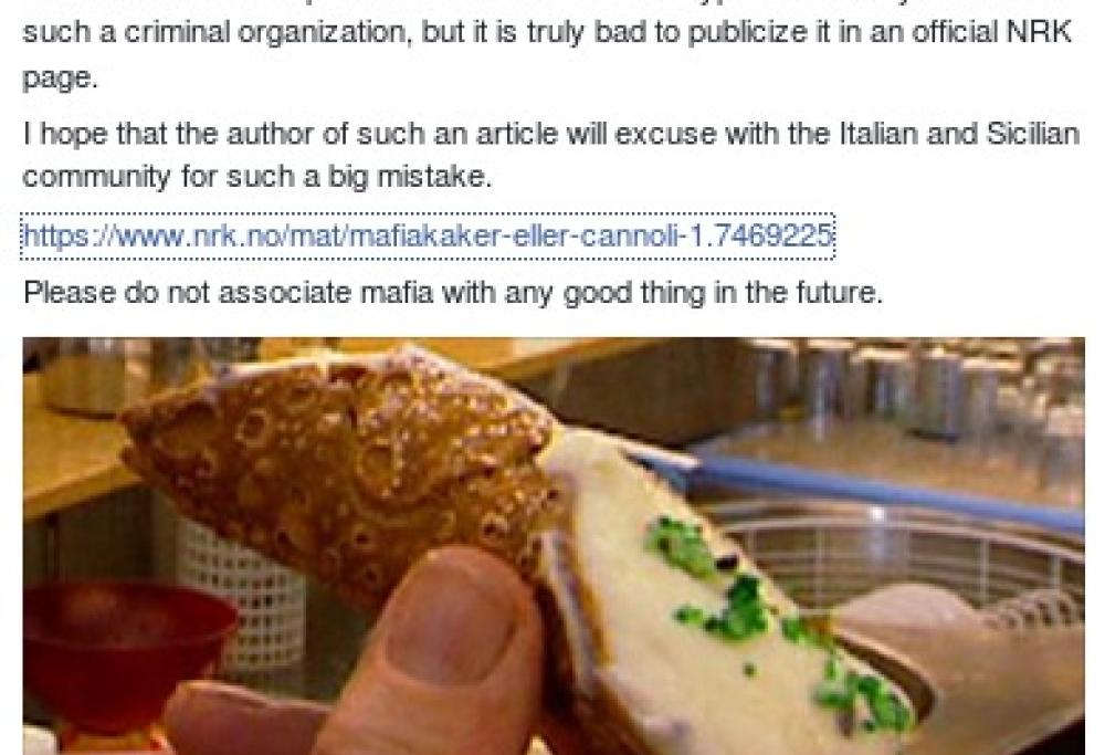 Cannolo siciliano denominato “dolce della mafia”, gaffe della tv norvegese