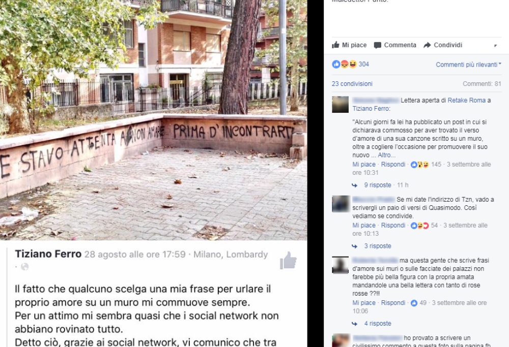 Tiziano Ferro ripreso per la scritta sul muro postata su Facebook