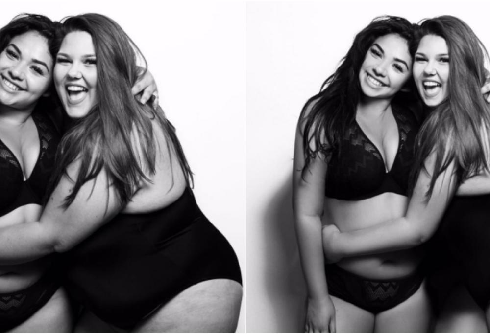 Due top model oversize postano i loro scatti  prima e dopo il ritocco al computer