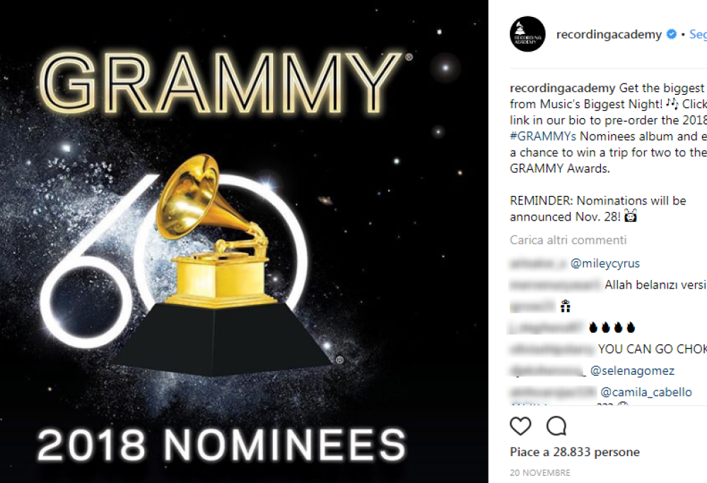 Grammy Awards 2018, l'elenco completo delle nomination