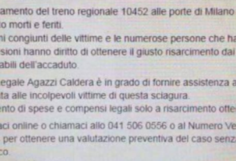 Treno deragliato a Milano: studio legale offre assistenza alle vittime e il web lo accusa di sciacallaggio