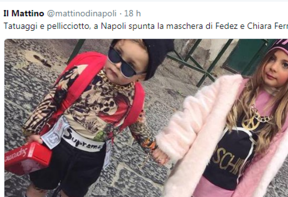 Bambini con tatuaggi finti e pelliccia: Fedez e Chiara Ferragni diventano maschere di Carnevale