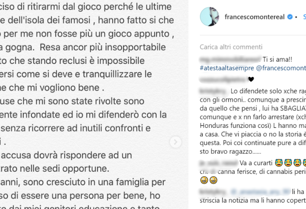 Francesco Monte non sarà in studio lunedì sera e lancia accuse sui social