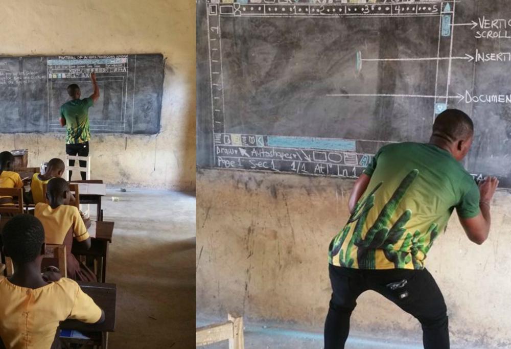 Un professore insegna l’uso del computer con lavagna e gessetti: succede in Ghana