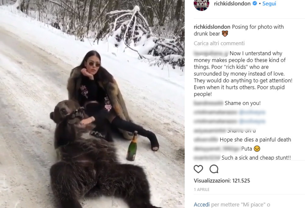 Orso ubriaco per fare una foto? Bufera su una dei “Rich Kids London”