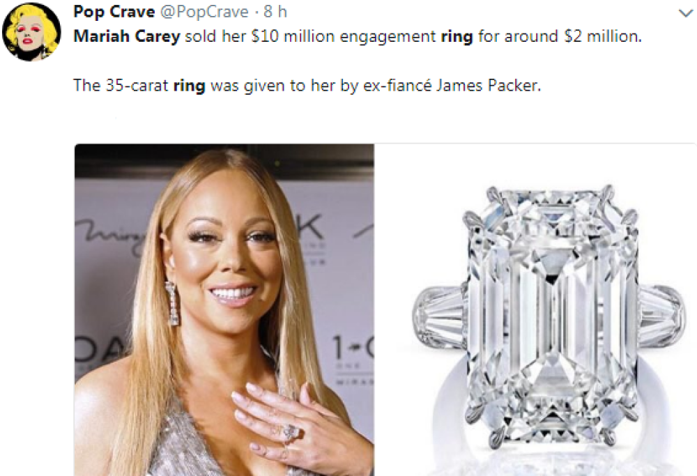 Mariah Carey ha venduto l'anello di fidanzamento per quasi 3 milioni di dollari!