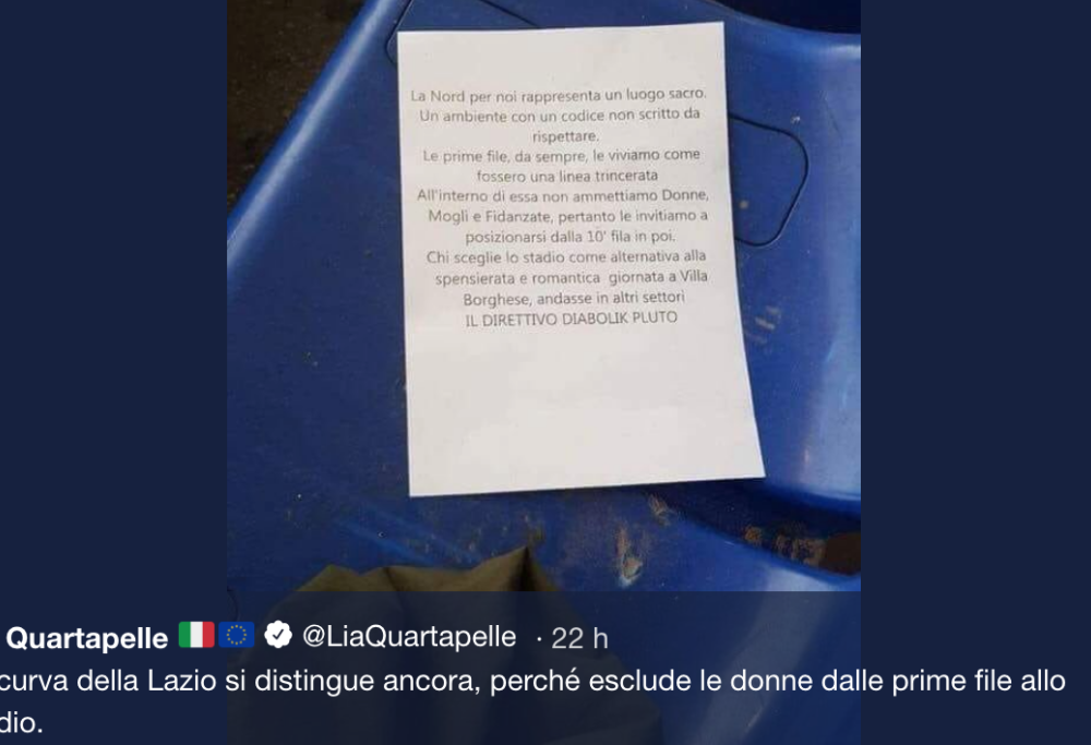 Lazio, volantino contro le donne in Curva Nord: «Non sedetevi nelle prime file»