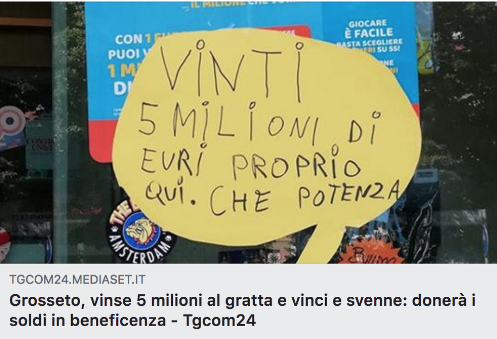 Vince 5 milioni al ‘Gratta e vinci’: donerà parte dei soldi in beneficenza