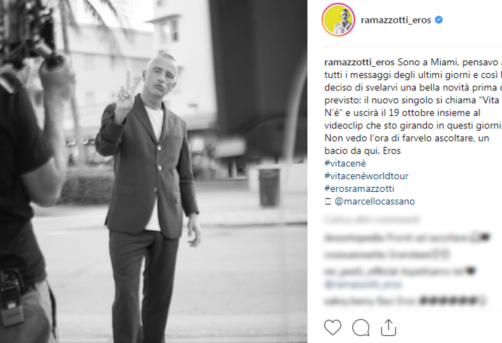 Eros Ramazzotti annuncia l'uscita del nuovo singolo