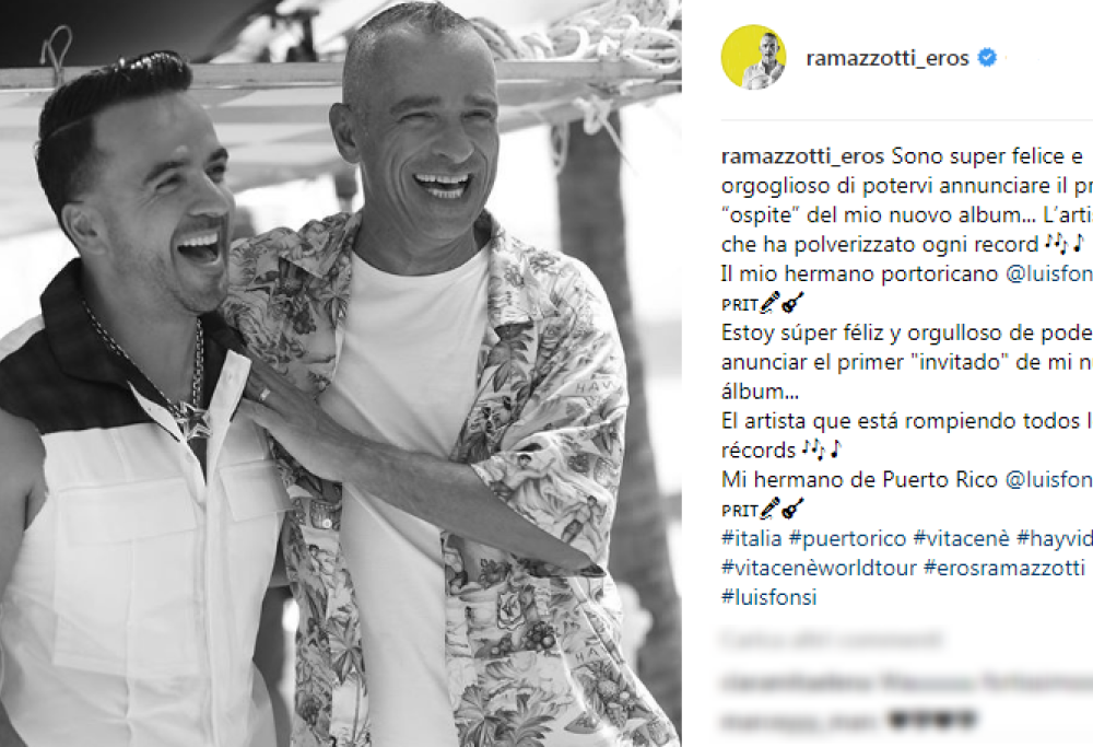 Eros Ramazzotti: nel nuovo album un duetto con Luis Fonsi