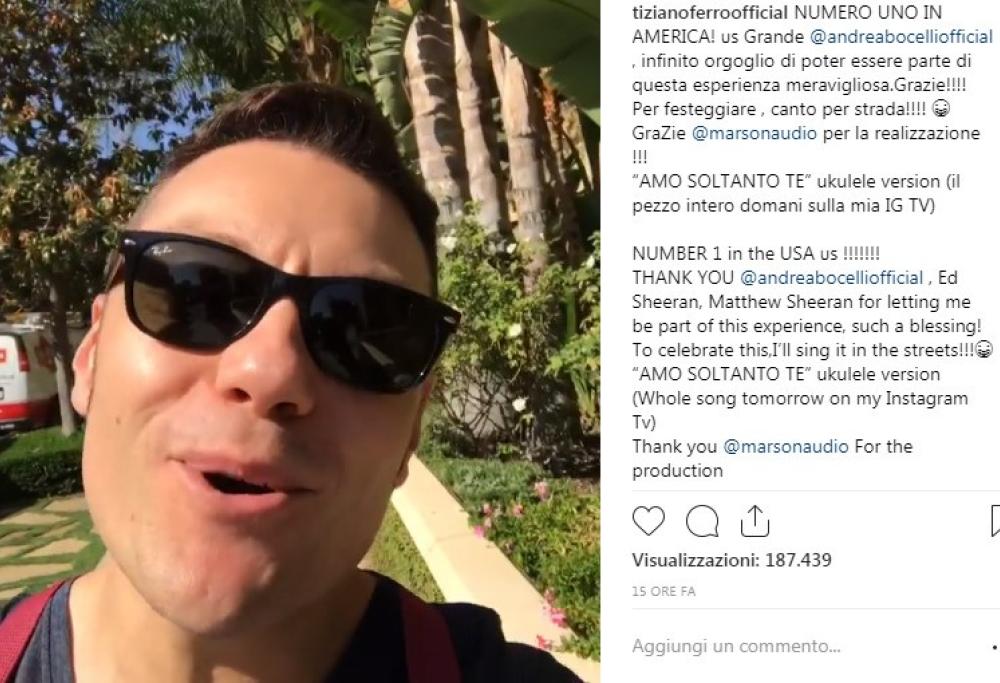 Tiziano Ferro canta su Instagram per festeggiare la prima posizione nella classifica americana 